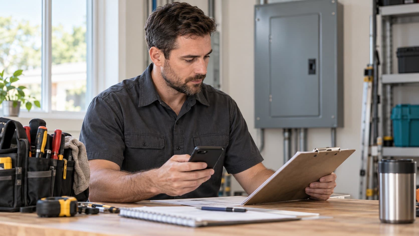 Electrician checking a job on his phone at the workbench