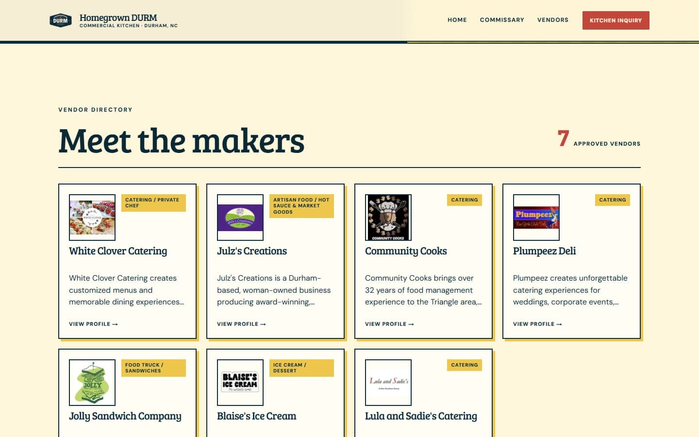 The Homegrown DURM vendor directory, with a card for each food business