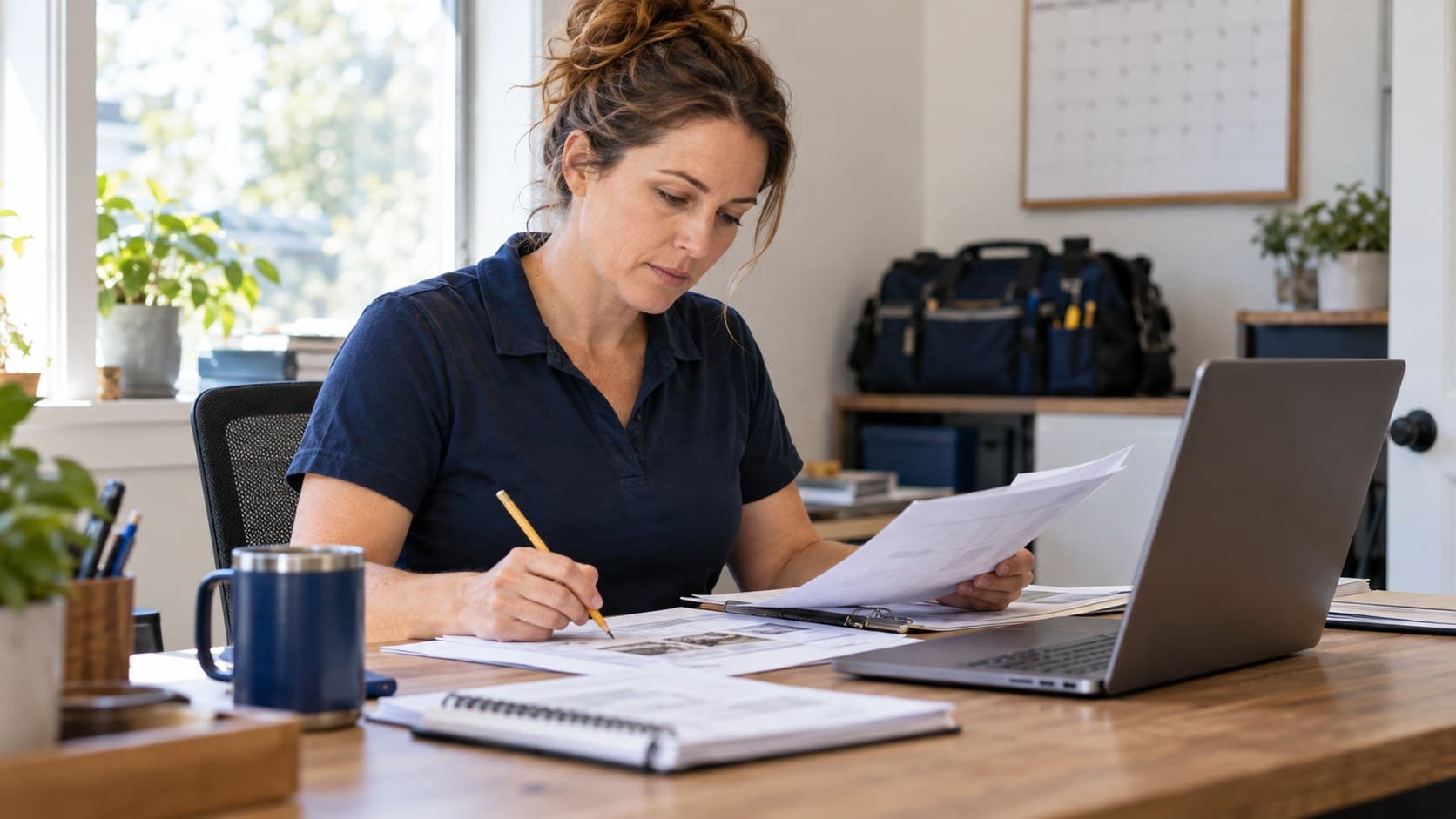 Business owner working through paperwork at her desk