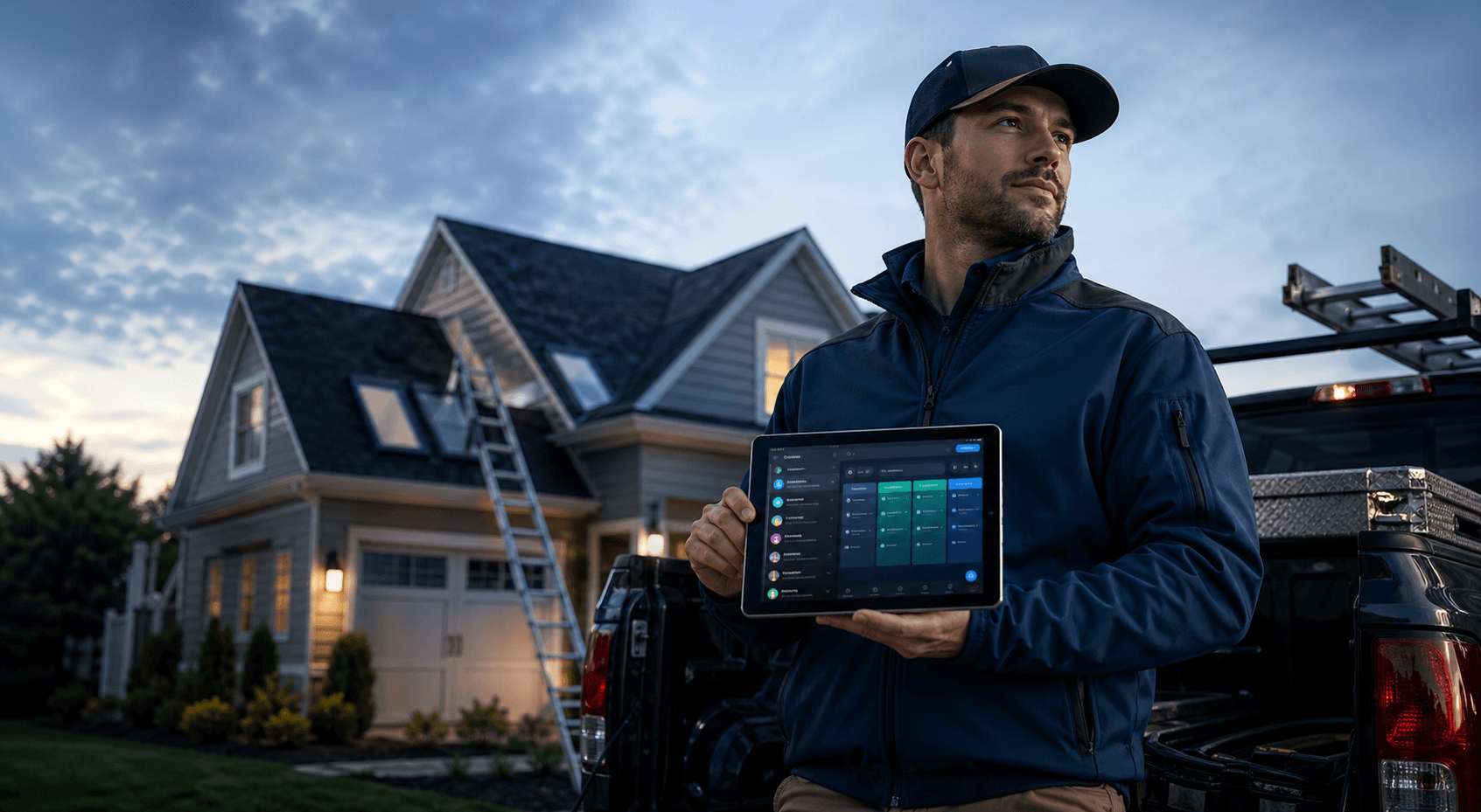Roofing professional in the field using a tablet during a roof inspection.